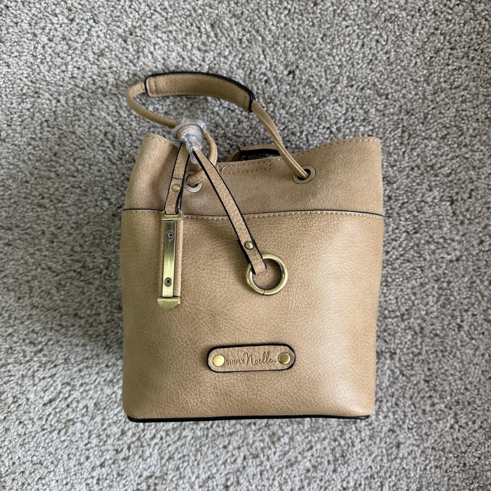 Simply Noelle Bucket Bag Womens Small Tan Faux Leather Drawstring Studded Purse